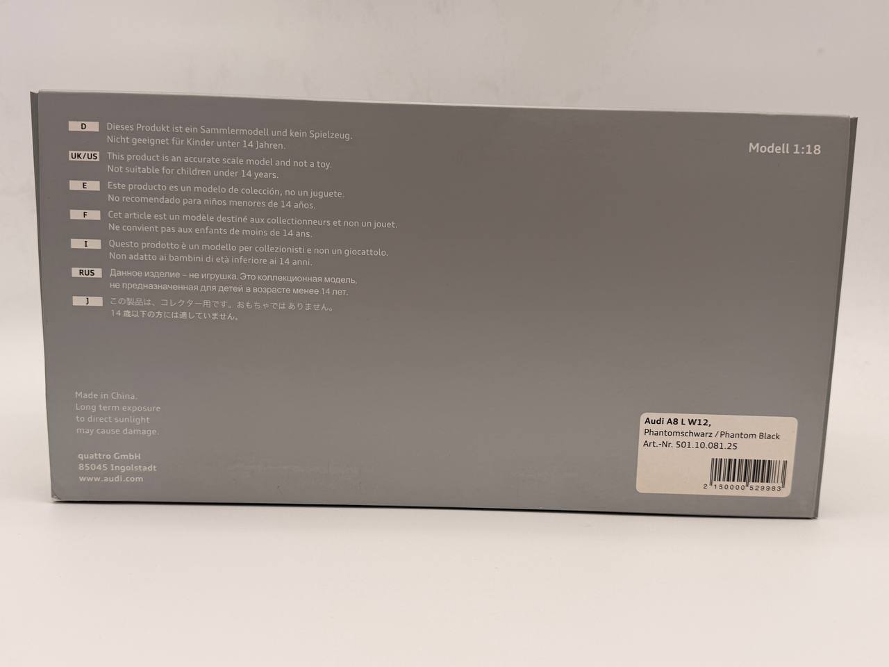 Audi A8 L W12 1:18 Diecast Model – Phantom Black | Official Licensed