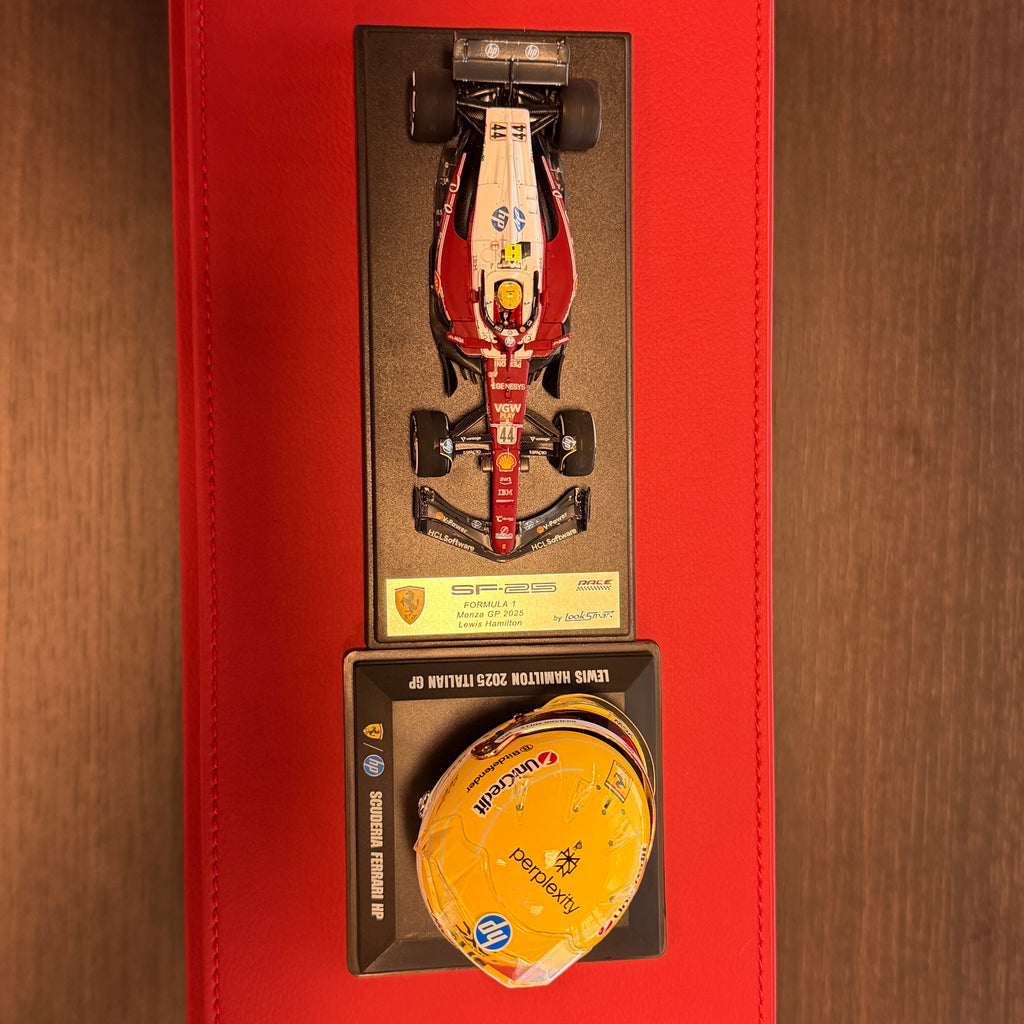 Conjunto de colecionador Lewis Hamilton Monza 2025 LOOKSMART – Ferrari SF-25 1:43 + Capacete 1:5