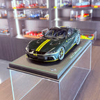 Ferrari 12Cilindri Panoramic Roof Verde British with Yellow Stripes Limited Edition 1:18 Scale with Display Case by BBR Models