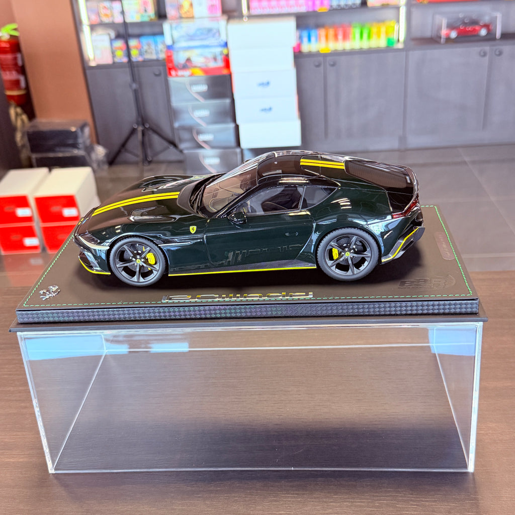 Ferrari 12Cilindri Panoramic Roof Verde British with Yellow Stripes Limited Edition 1:18 Scale with Display Case by BBR Models