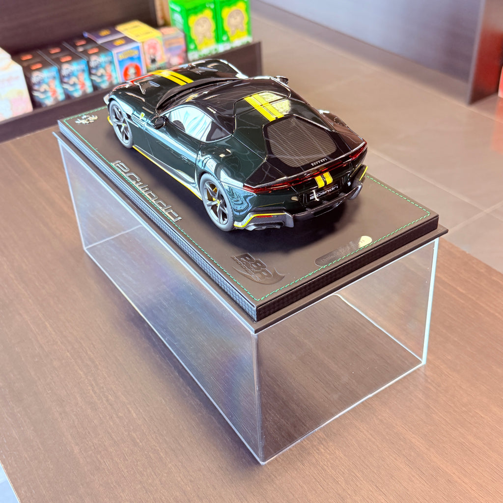 Ferrari 12Cilindri Panoramic Roof Verde British with Yellow Stripes Limited Edition 1:18 Scale with Display Case by BBR Models