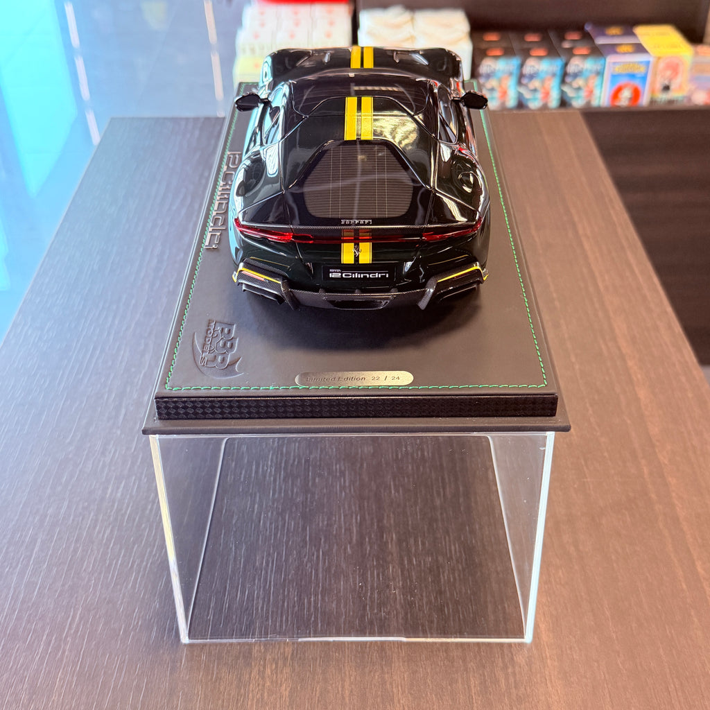 Ferrari 12Cilindri Panoramic Roof Verde British with Yellow Stripes Limited Edition 1:18 Scale with Display Case by BBR Models