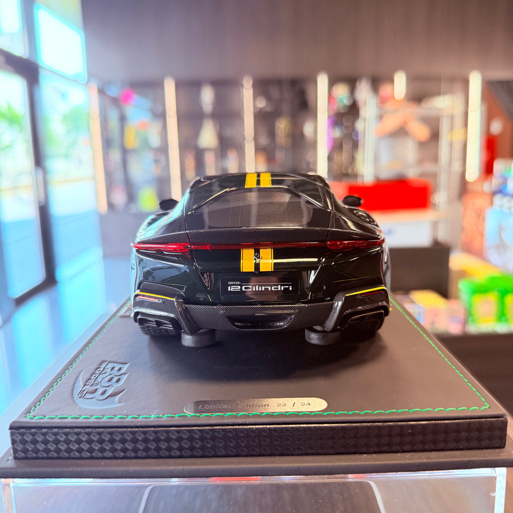 Ferrari 12Cilindri Panoramic Roof Verde British with Yellow Stripes Limited Edition 1:18 Scale with Display Case by BBR Models