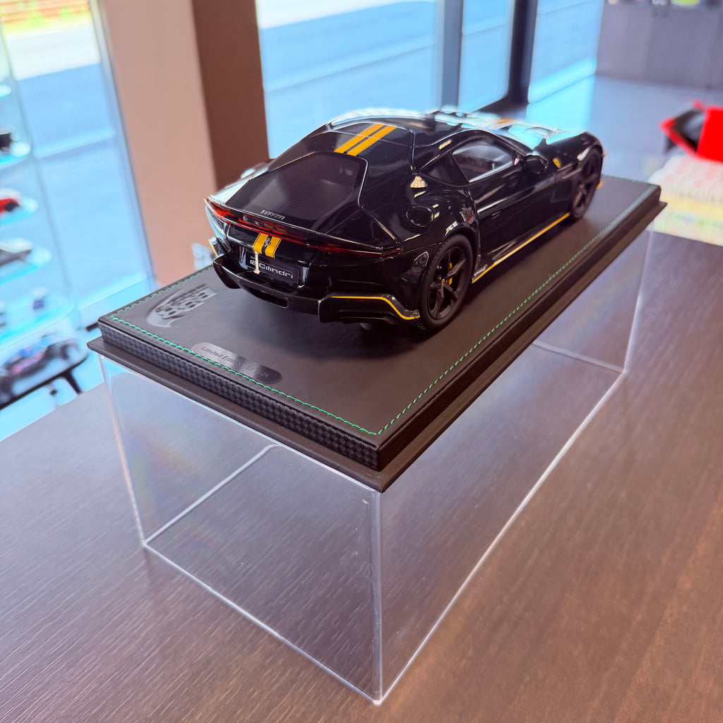 Ferrari 12Cilindri Panoramic Roof Verde British with Yellow Stripes Limited Edition 1:18 Scale with Display Case by BBR Models