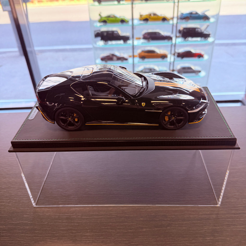 Ferrari 12Cilindri Panoramic Roof Verde British with Yellow Stripes Limited Edition 1:18 Scale with Display Case by BBR Models