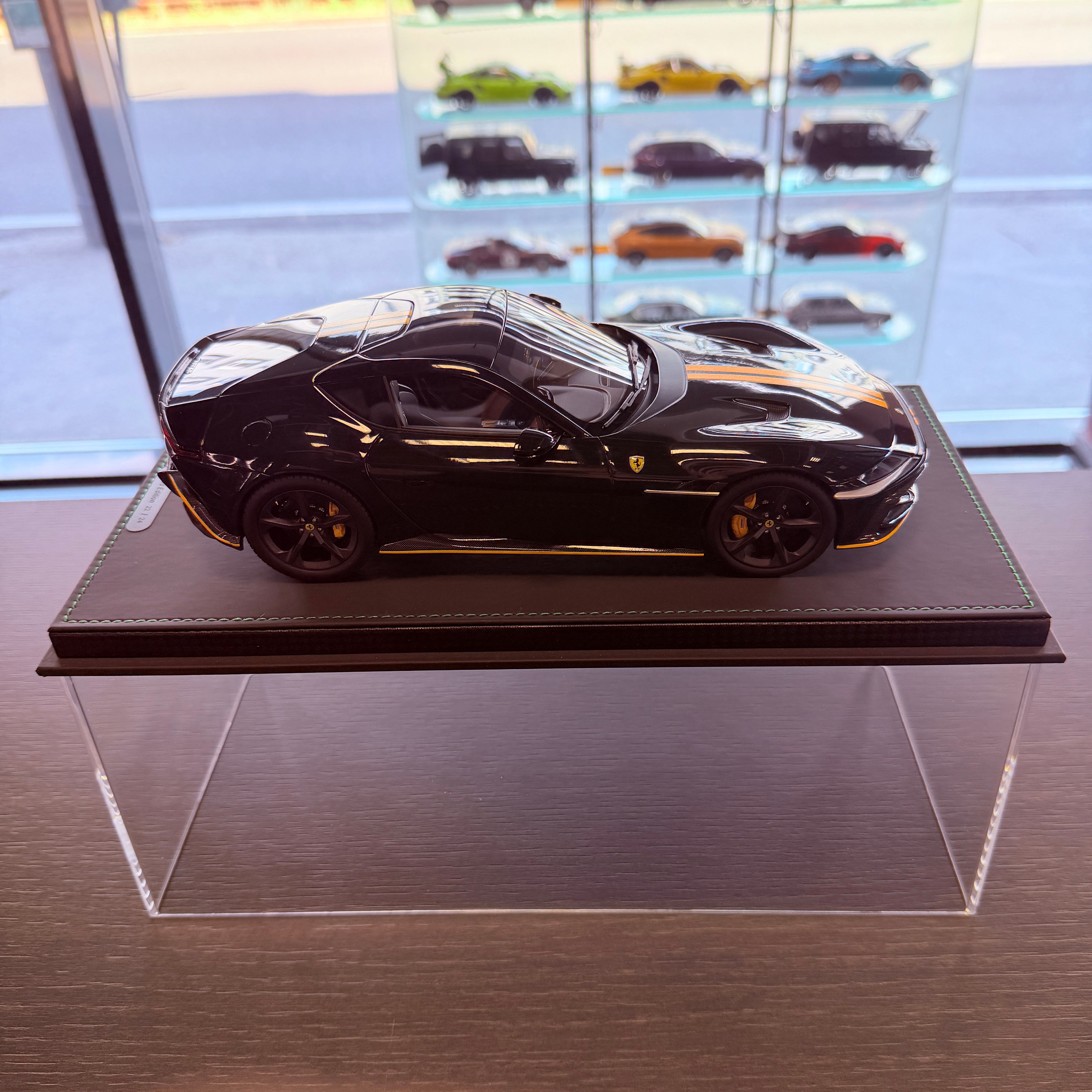Ferrari 12Cilindri Panoramic Roof Verde British with Yellow Stripes Limited Edition 1:18 Scale with Display Case by BBR Models