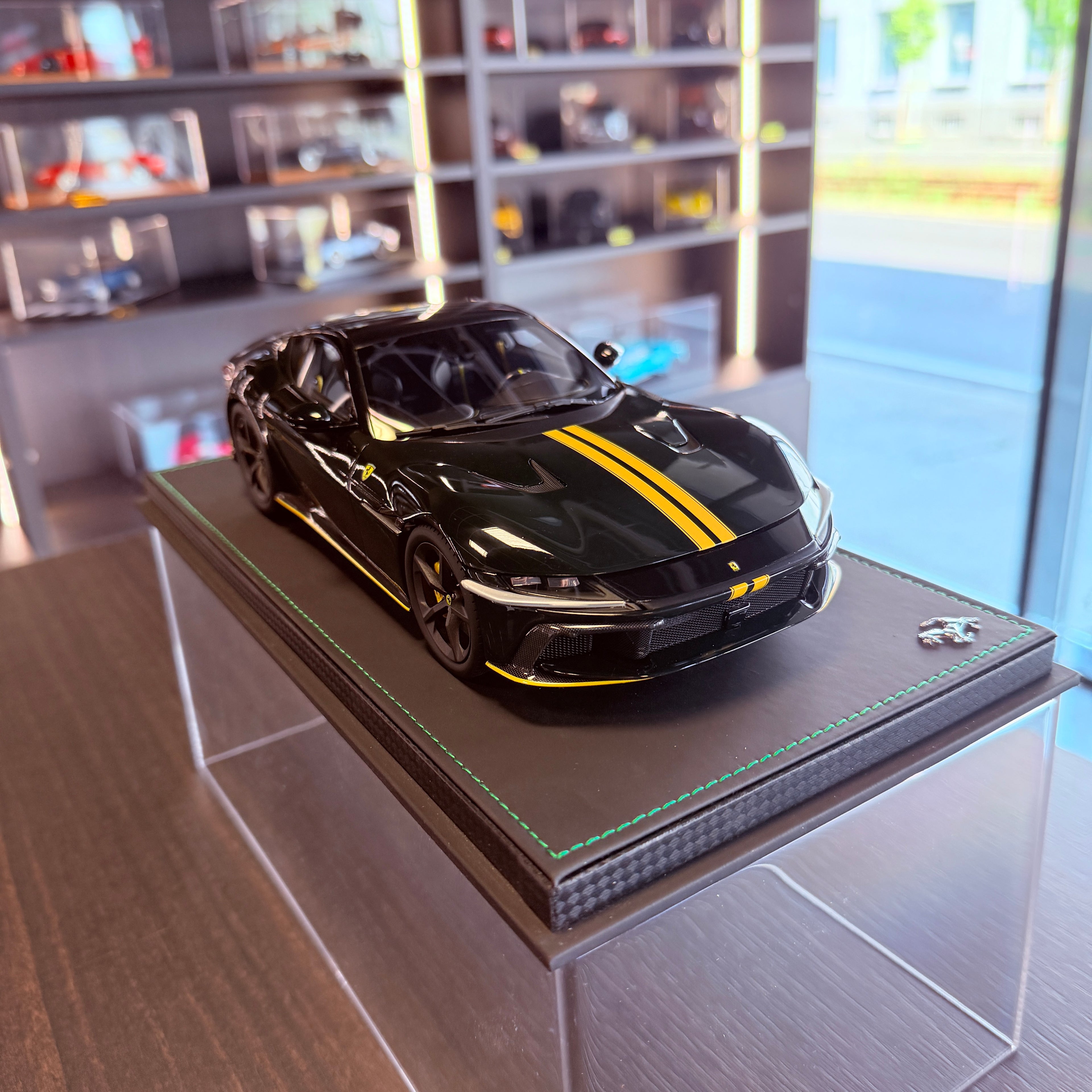 Ferrari 12Cilindri Panoramic Roof Verde British with Yellow Stripes Limited Edition 1:18 Scale with Display Case by BBR Models