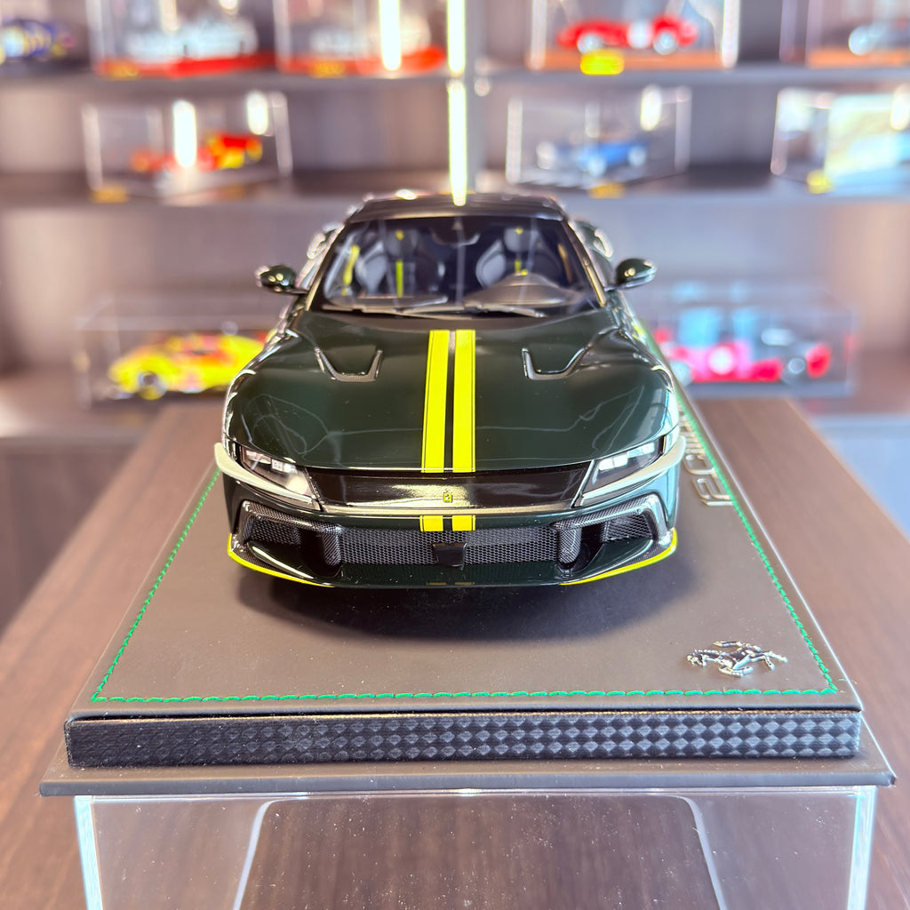 Ferrari 12Cilindri Panoramic Roof Verde British with Yellow Stripes Limited Edition 1:18 Scale with Display Case by BBR Models