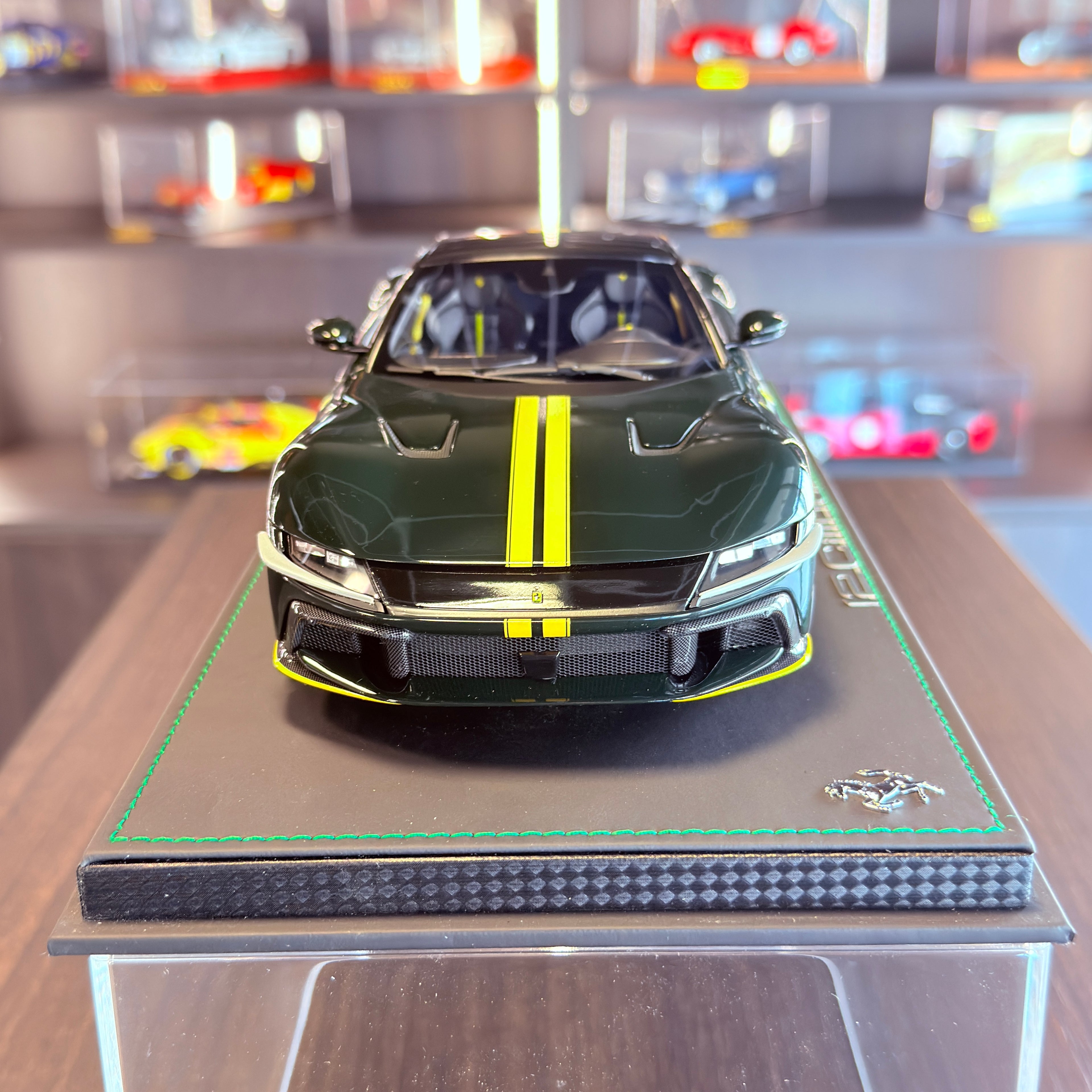 Ferrari 12Cilindri Panoramic Roof Verde British with Yellow Stripes Limited Edition 1:18 Scale with Display Case by BBR Models