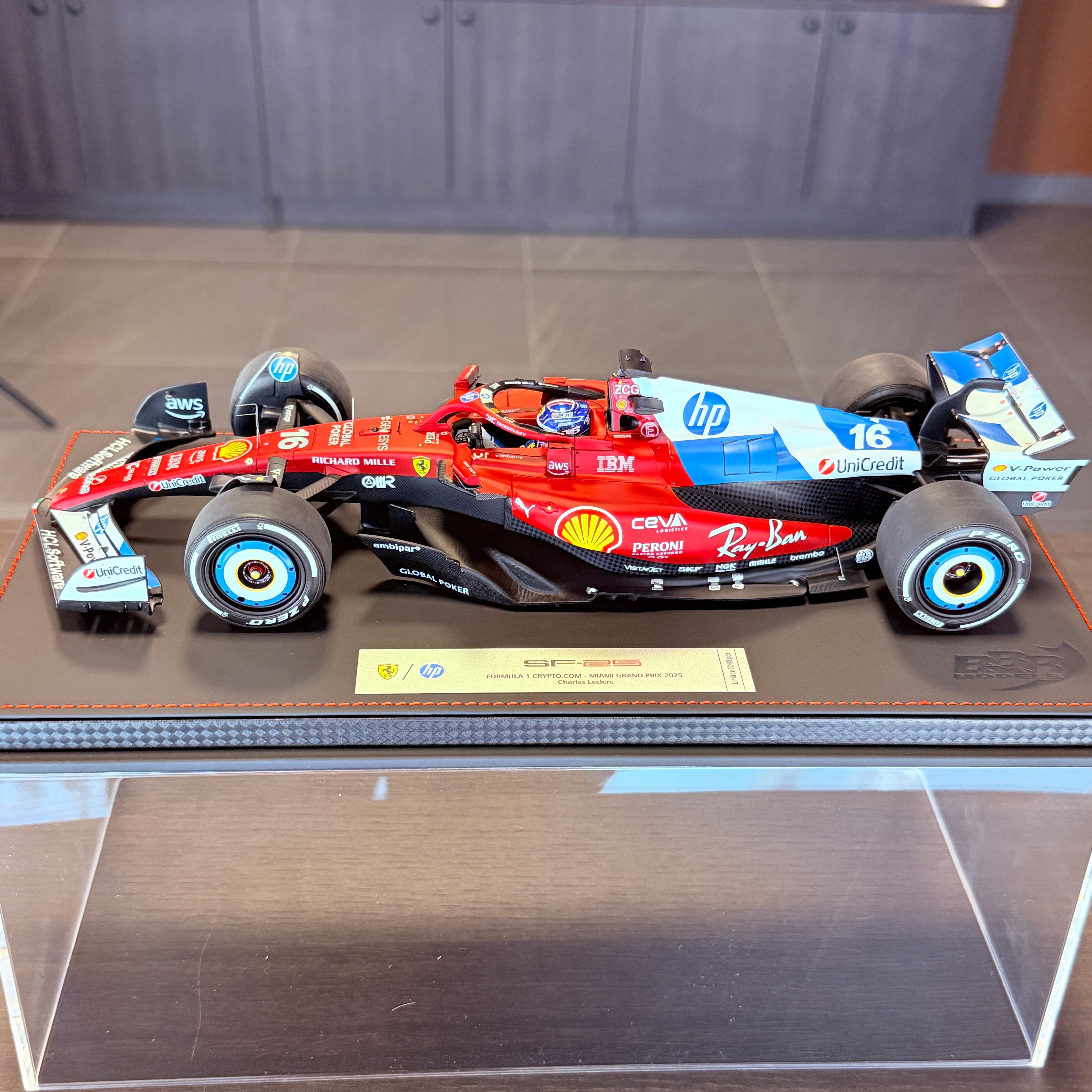 Ferrari SF-25 F1 Miami Grand Prix Charles Leclerc #16 1:18 Scale Luxury Pack with Display Case by BBR Models