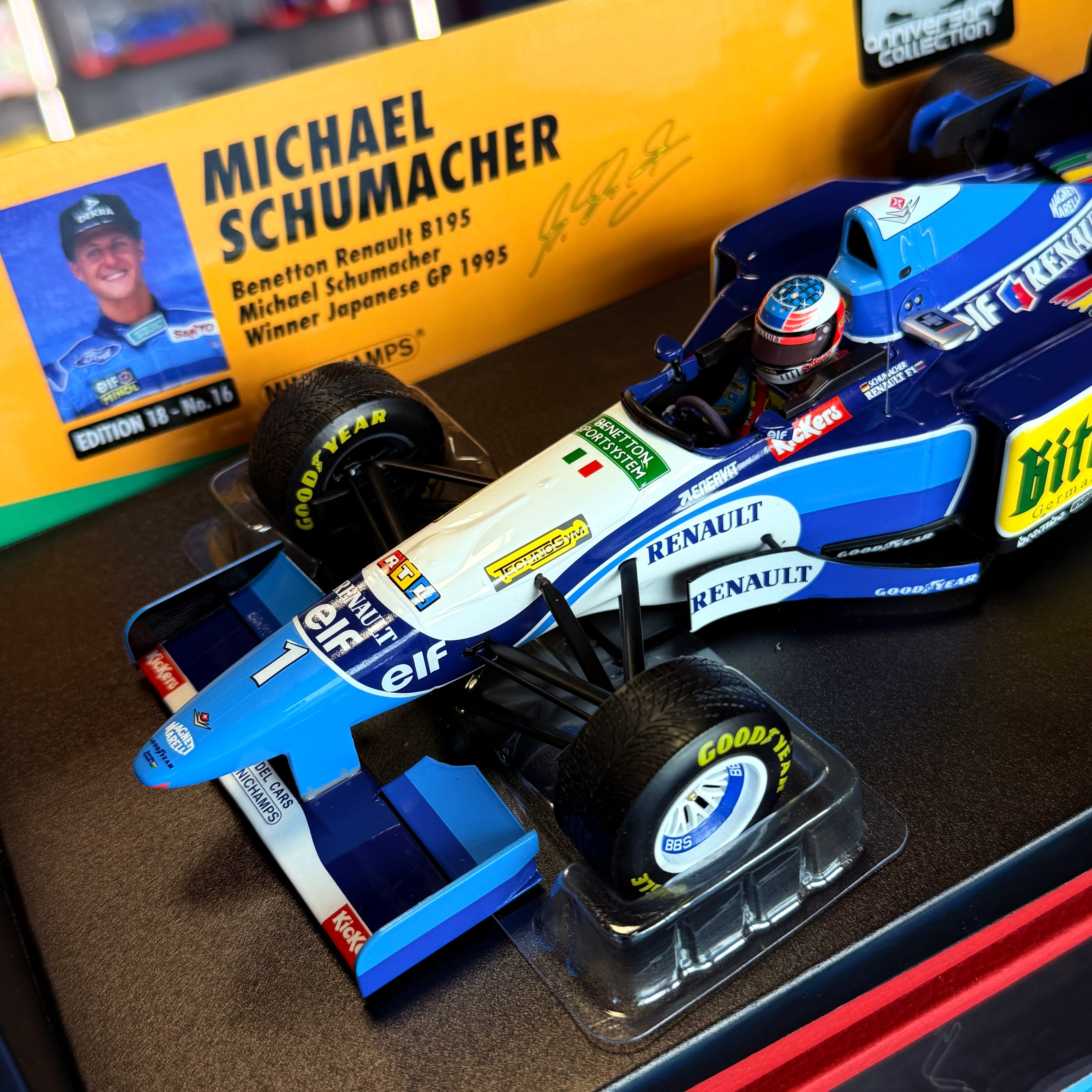 Benetton Renault B195 Winner Japanese Grand Prix 1995 Michael Schumacher 1:18 Scale with Display Case by Minichamps