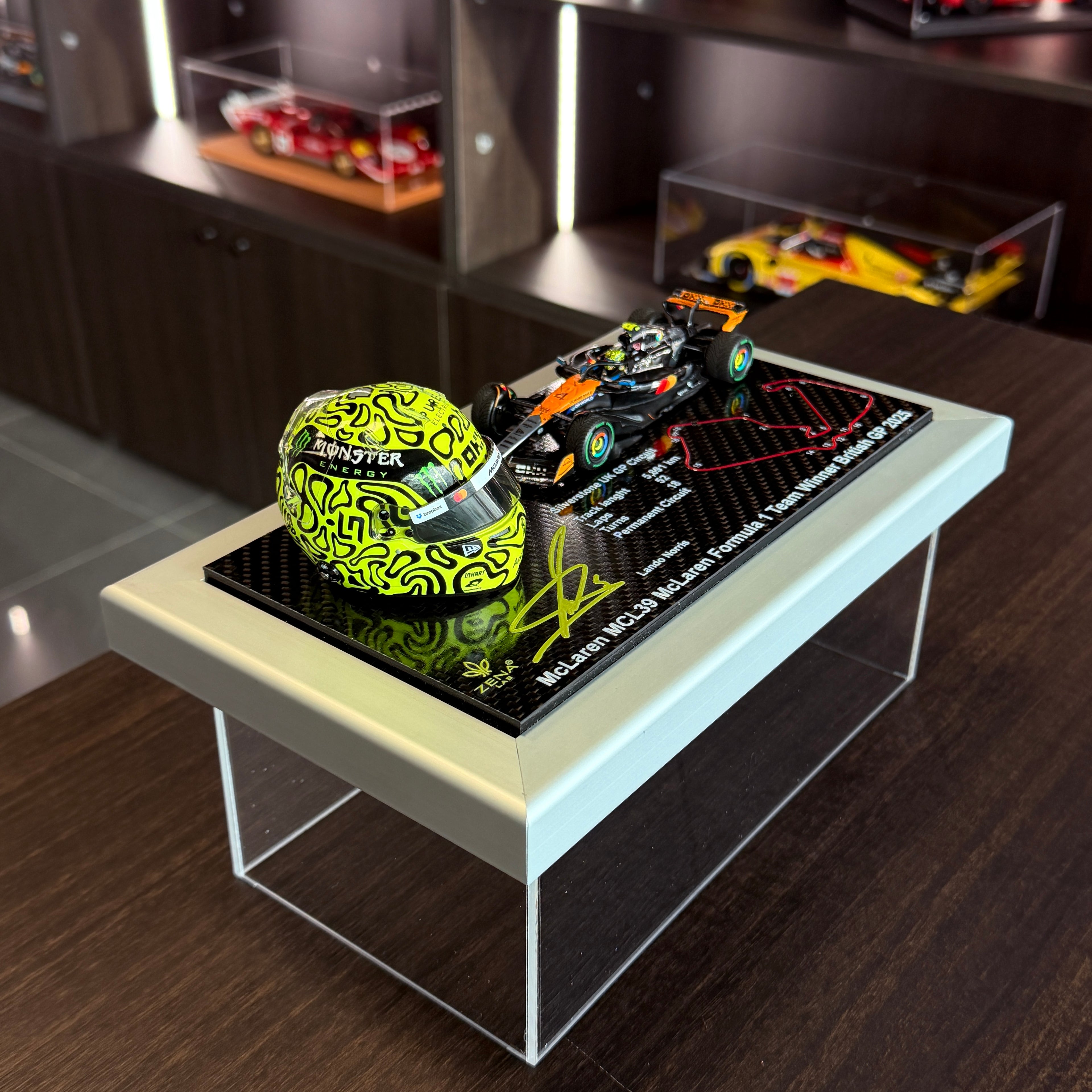 ZENA LAB McLaren MCL39 #4 Lando Norris British GP 2025 – helmet and signature display