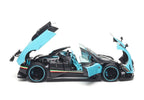 Pagani Zonda Uno Coupe Full Open Turchese, karbon‑szálas Special Pack kivitel, 1:18 méretarányban, vitrinben – BBR Models