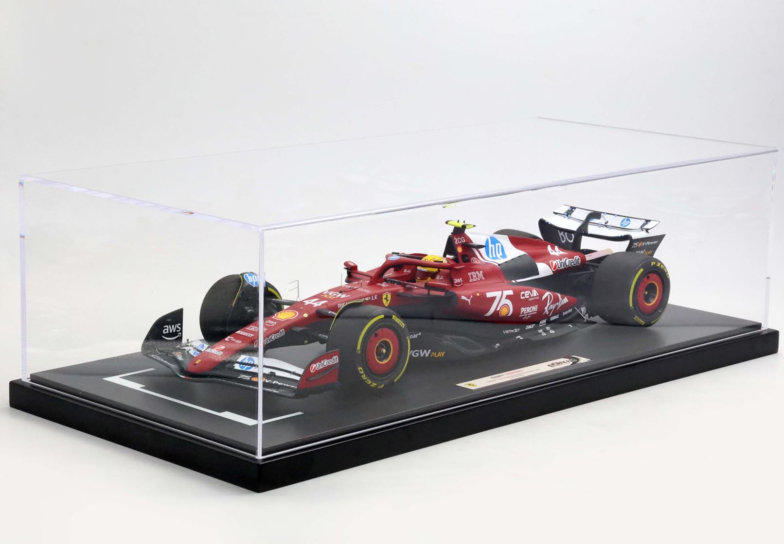 Ferrari SF-25 Velika nagrada Monaka 2025. Shellova livreja za 75. obljetnicu, Lewis Hamilton, ograničeno izdanje u mjerilu 1:12 s vitrinom, BBR Models