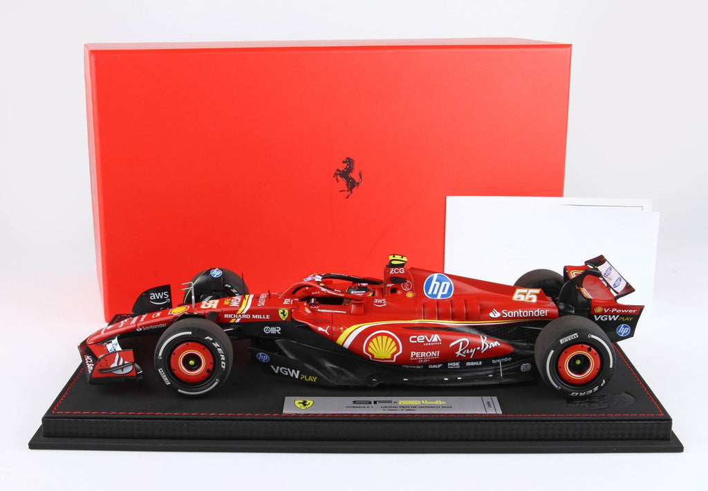 Ferrari SF-24 Gran Premio de Mónaco 2024 #55 – Carlos Sainz – Escala 1:18 (Embalaje de Lujo, Edición Limitada de 50 unidades) de BBR Models