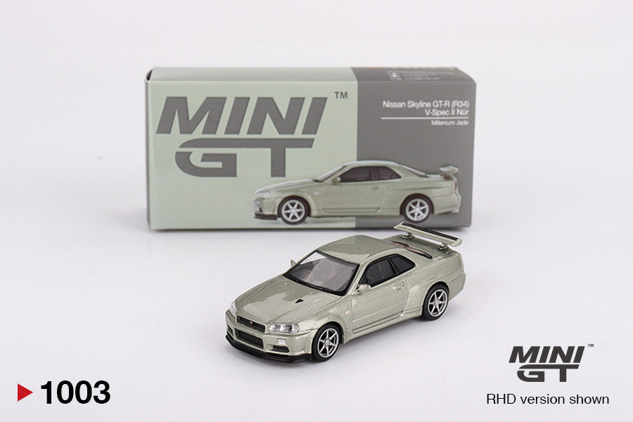 Nissan Skyline GT-R (R34) V-Spec II Nür Millennium Jade 1:64 Diecast-Modell